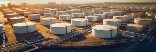 Oil storage tanks, aerial view, white oil storage tanks, chemical storage tanks, petroleum, petrochemicals, oil refinery products at sea oil depot. photo