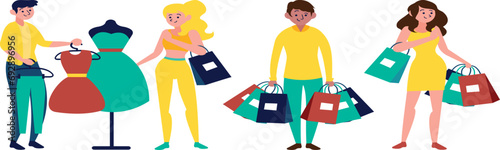 Characters  with people browsing store windows carrying shopping bags vendors and fill their baskets with fresh produce.