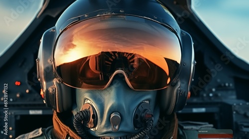 Pilot in flight. Pilot Wearing Mask And Helmet In Cockpit Of Fighter Jet with copy space