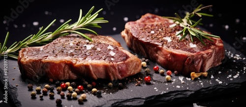 Close-up of dry aged wagyu rib-eye beef steaks, barbecued and served on a black board with herb and black salt, with space for text on right side. photo
