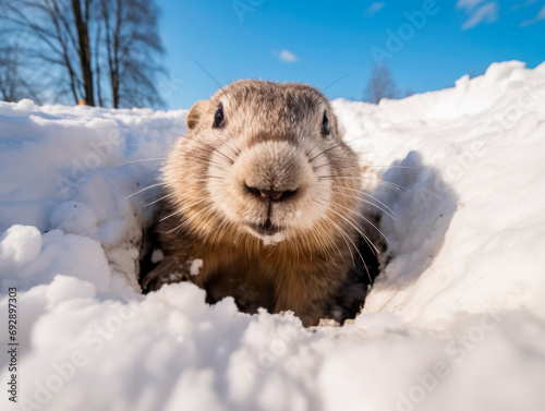 A groundhog crawled out of its hole in the snow. Groundhog Day.
