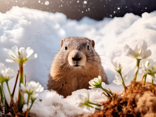 marmot in the snow. A groundhog crawled out of its hole in the snow. The first snowdrops are blooming next to the hole. Groundhog Day.