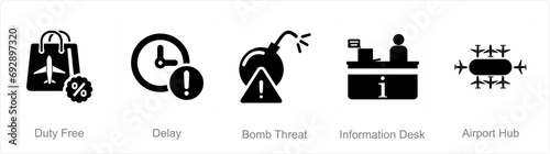 A set of 5 Airport icons as duty free, delay, bomb threat