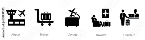 A set of 5 Airport icons as airport, trolley, voyage