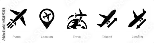 A set of 5 Airport icons as plane, location, travel
