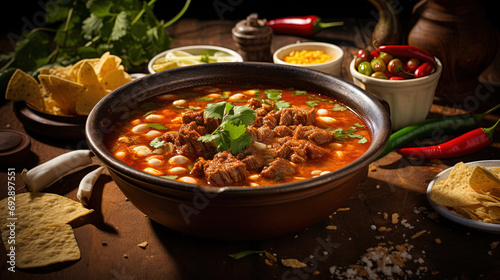 A Culinary Hearty Pozole Soup Infused with the Richness of Corn, Dried Pork, Succulent Chicken, Vibrant Chilies, and Exquisite Spices