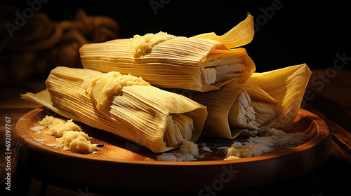 Artfully Steamed Tamales with Savory Corn Dough Enveloping Succulent Meat Fillings photo