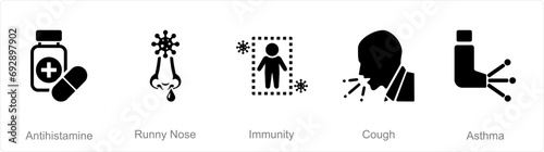 A set of 5 Allergy icons as antihistamine, runny nose, immunity