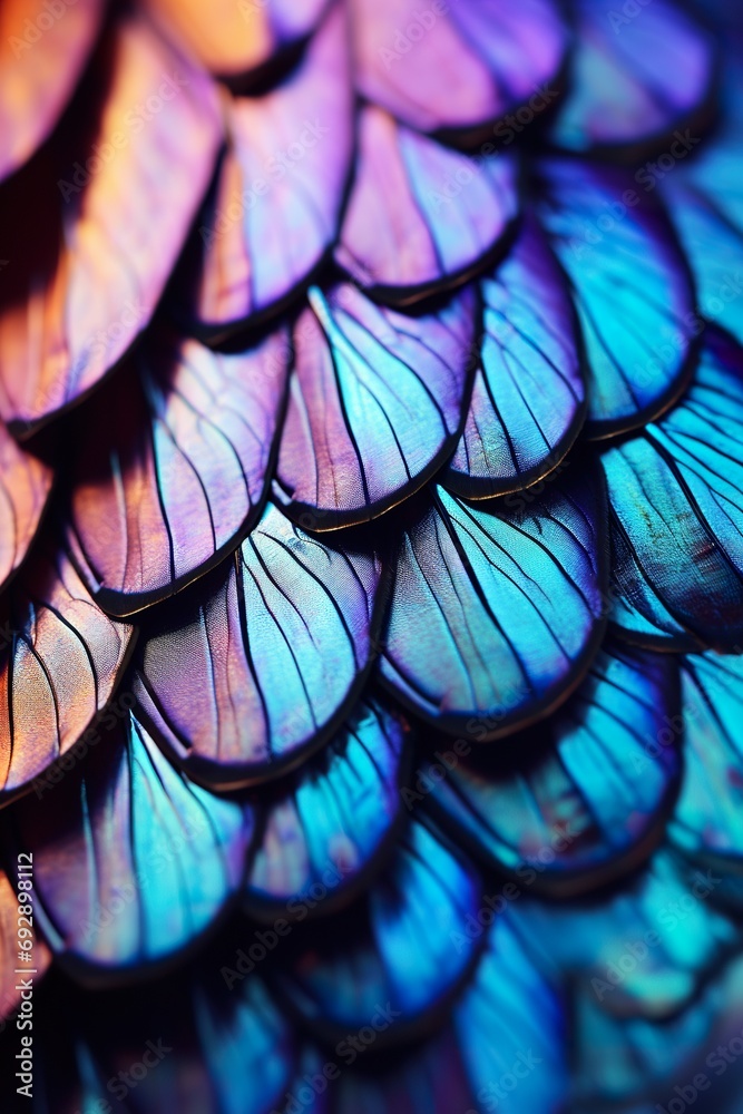 Close-up of vibrant butterfly wings under a microscope, displaying intricate patterns and textures Close-up of vibrant butterfly wings under a microscope, displaying intricate patterns and textures