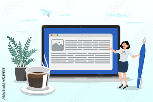 Creative woman holding pencil with content on website, content writer, blogger or bullet journal, publishing editor or writing article online, copywriter for advertising, freelance journalist (Vector)