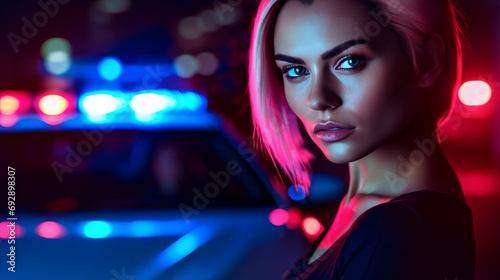 Pretty escort girl sex worker nighttime street portrait in flashing lights of police car, embodying nocturnal mystique in urban night embrace, police apprehend prostitute embodying law enforcement photo