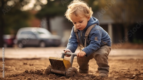 Toddler playing with mini truck and shovel outdoors