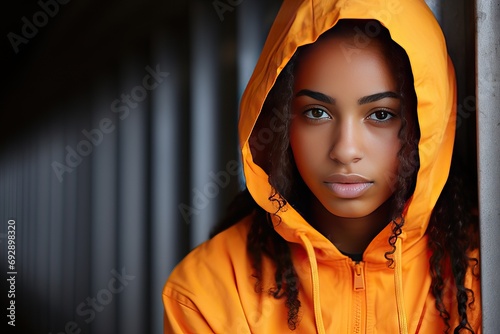 Banner Web Panorama Hoodie Orange Woman Teenager American African Race Mixed Sad biracial girl teenage young missy panoramic header children female interracial urban city street mental health