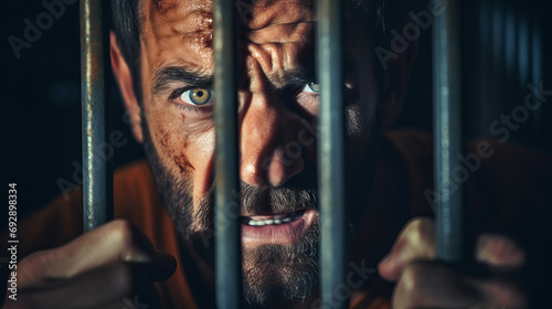 Angry male inmate confined behind bars desperately asking to released from custody symbolizing quest for fairness, dangerous criminal man in prison embodies societal threat