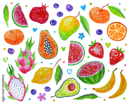 Fototapeta Naklejka Na Ścianę i Meble -  Multi-colored bright tropical fruits, dragonfruit, mango, lemon, avocado, watermelon, bananas, 
papaya, berries. Doodle drawing by hand with colored pencils. Drawings with crayon. Summer.