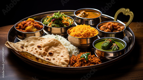 Traditional Indian Thali  Featuring a Medley of Variety Food from Breads  Rice  Tortillas and Sweet Desserts