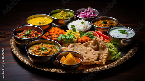 Traditional Indian Thali, Featuring a Medley of Variety Food from Breads, Rice, Tortillas and Sweet Desserts