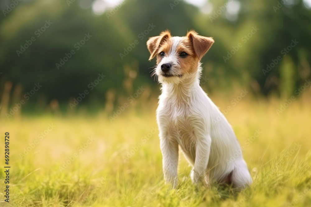 Terrier sitting in the field with green background