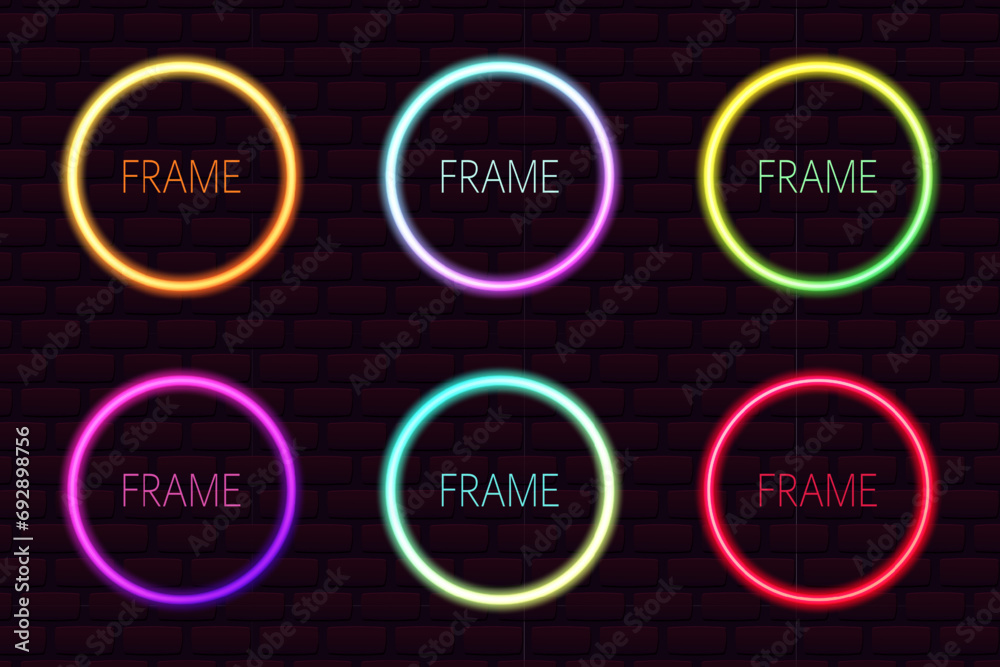 Set of vector neon frames. Illumination in blue, yellow, red, green and purple colors. Glowing neon circles in futurist style