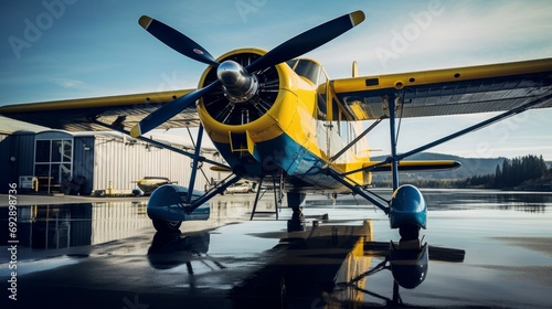 Propeller-driven yellow and blue float plane parked at an airport. Low angle view shot with a wide angle lens