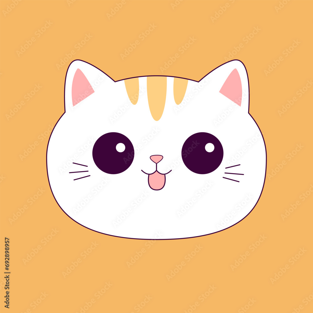 White cat round icon. Smiling face head. Cute cartoon smiling character. Kawaii pet animal. Contour doodle kitten. Pink ears, nose, tongue. Sticker print. Flat design. Yellow background. White cat round icon. Smiling face head. Cute cartoon smiling character. Kawaii pet animal. Contour doodle kitten. Pink ears, nose, tongue. Sticker print. Flat design. Yellow background.