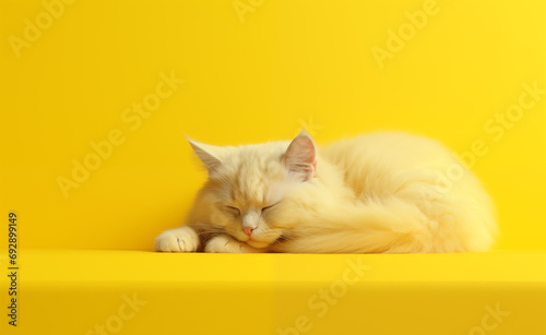 Creative animal concept, relaxed sleeping yellow cat over yellow pastel bright background.