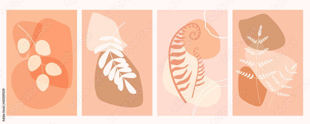 A set of abstract posters with tropical leaves, ferns, branches on a background of simple shapes in trendy peach colors. Vector graphics.