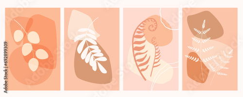 A set of abstract posters with tropical leaves, ferns, branches on a background of simple shapes in trendy peach colors. Vector graphics.