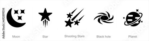 A set of 5 Astronomy icons as moon, star, shooting stars