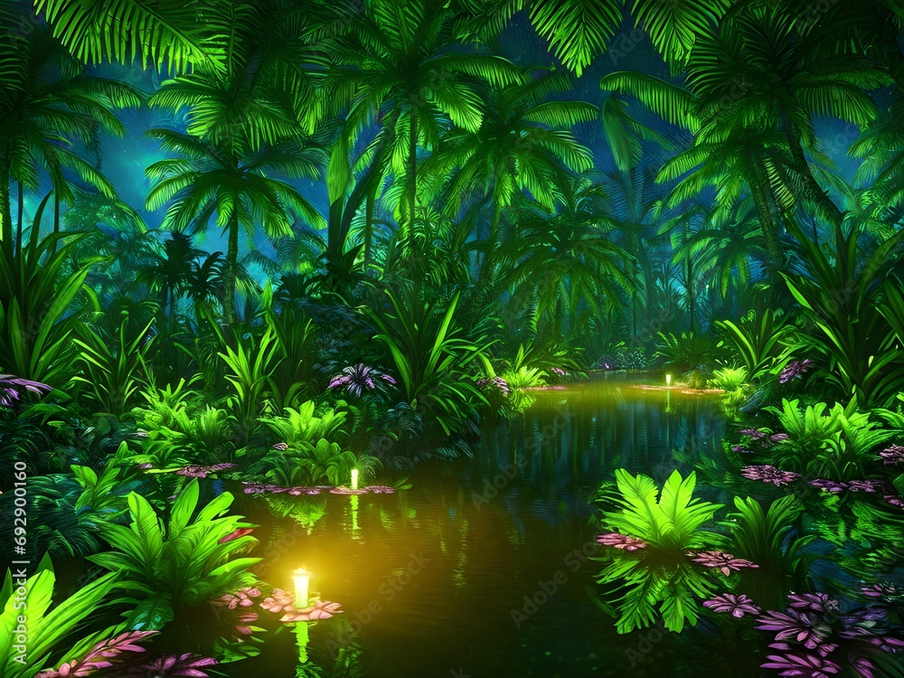 Tropical night forest with magic lights