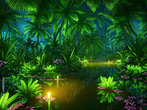 Obraz na płótnie Tropical night forest with magic lights w salonie