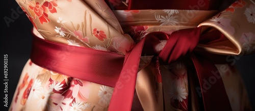 Close-up photo of a kimono belt being tied. photo