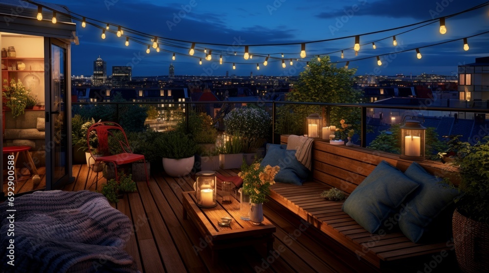 Roof terrace of a beautiful house with night-time view of the city. View over cozy outdoor terrace with outdoor string lights and lanterns - obrazy, fototapety, plakaty 