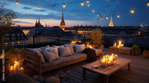 Roof terrace of a beautiful house with night-time view of the city. View over cozy outdoor terrace with outdoor string lights and lanterns photo