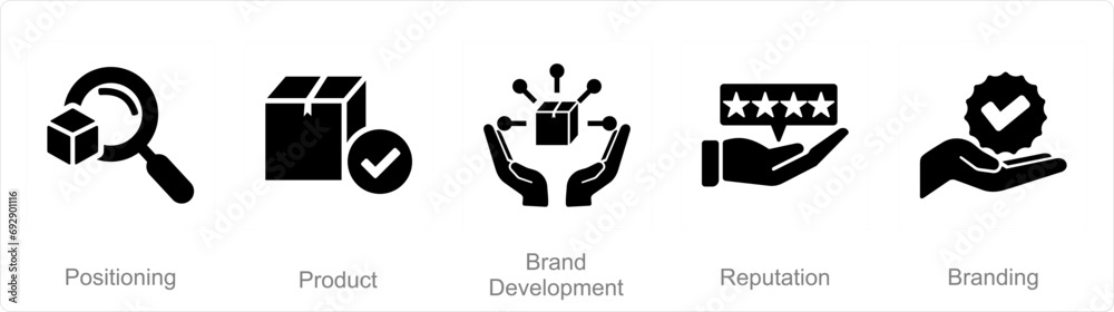 A set of 5 Branding icons as positioning, product, brand development A set of 5 Branding icons as positioning, product, brand development