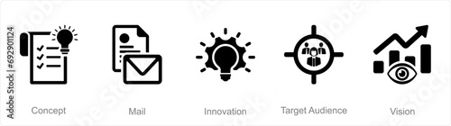 A set of 5 Branding icons as concept, mail, innovation, target audience