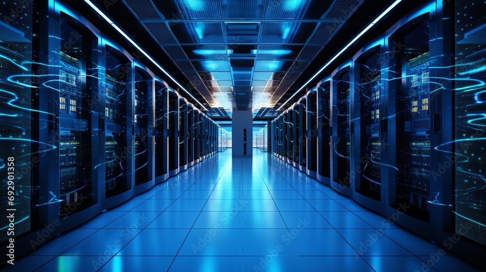 High-Tech Data Center Server Room with Modern Equipment and Connectivity Infrastructure