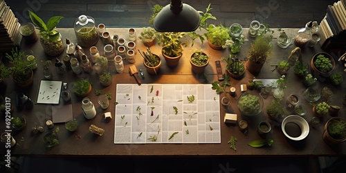 Overhead view of a biologist's workspace with microscope slides, plant specimens, and notations for botanical research