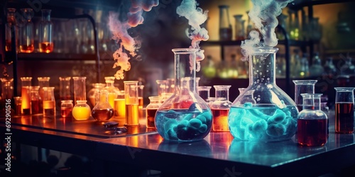 Photo of a chemistry lab with flasks filled with colorful liquids, bubbling over a Bunsen burner photo
