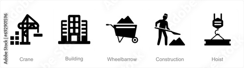 A set of 5 Build icons as crane, building, wheelbarrow