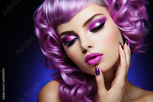 makeup purple manicure nail make-up make up skincare eyelash lip polish pink lipstick finger hair style earring violet jewellery ring hand care beauty parlour beautiful bright caucasian accessory
