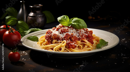 Tasty Composition of Pasta, Rich Bolognese Sauce, and Cheese Served on a Plate