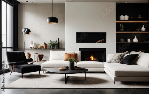 loft home s modern living room features a stunning interior design with a vibrant white sofa  black lounge chair  and a fireplace surrounded by a concrete black wall