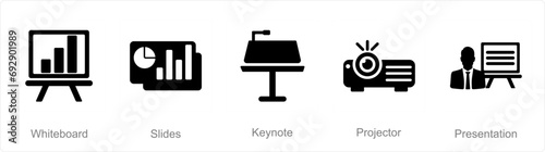A set of 5 Business Presentation icons as white board, slides, keynote