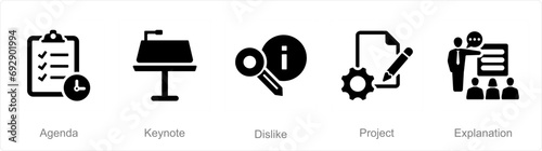 A set of 5 Business Presentation icons as agenda, keynote, dislike