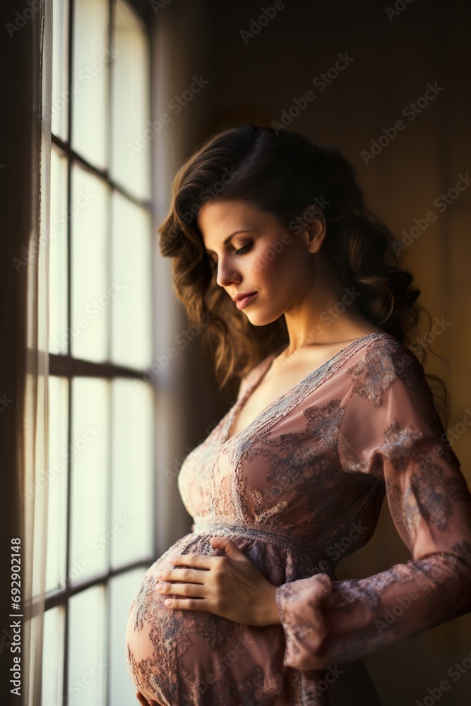 Fototapeta premium Portrait of a pregnant woman holding her belly, standing by a window with natural light, showcasing the beauty of pregnancy