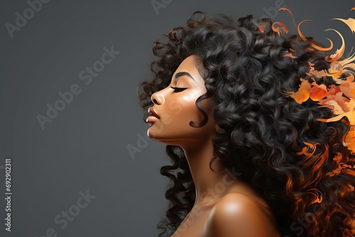 hair long curly woman american african beautiful portrait Profile female fashion wig style extension face shiny wavy skin brunette care volume haircut person coiffure model closed panorama