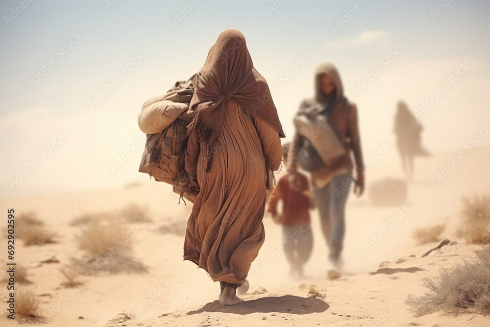 tired exhausted poor people walking through desert carrying their bags and kids, hot sunny day in sand dunes - obrazy, fototapety, plakaty 