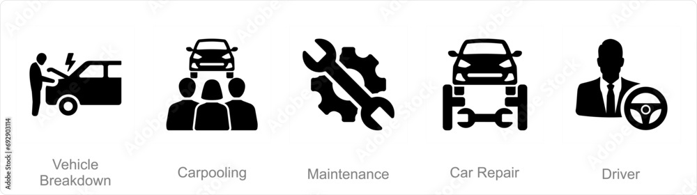 A set of 5 Car icons as vehicle breakdown, carpooling, maintenance A set of 5 Car icons as vehicle breakdown, carpooling, maintenance