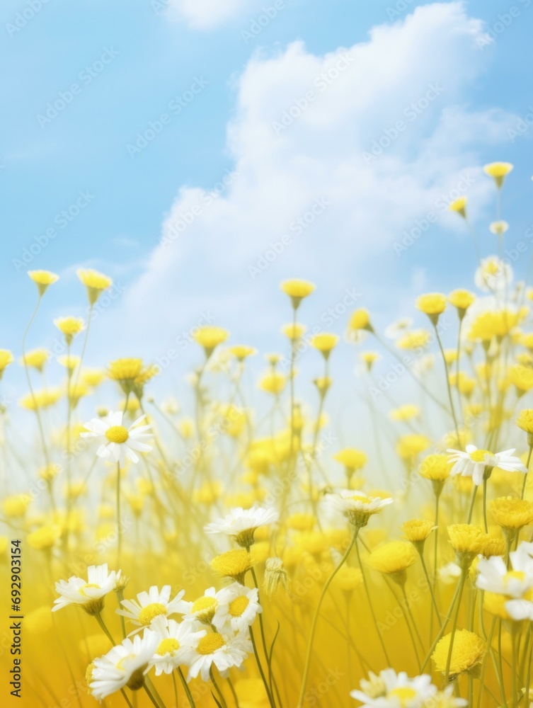 A field of yellow and white daisies with blue sky in the background. Generative AI.